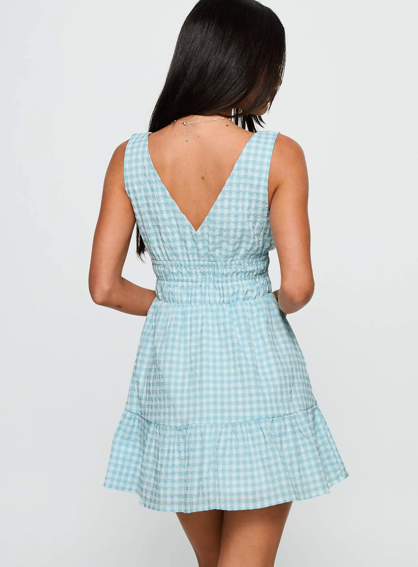 Ismena Plunge Mini Dress Blue Check