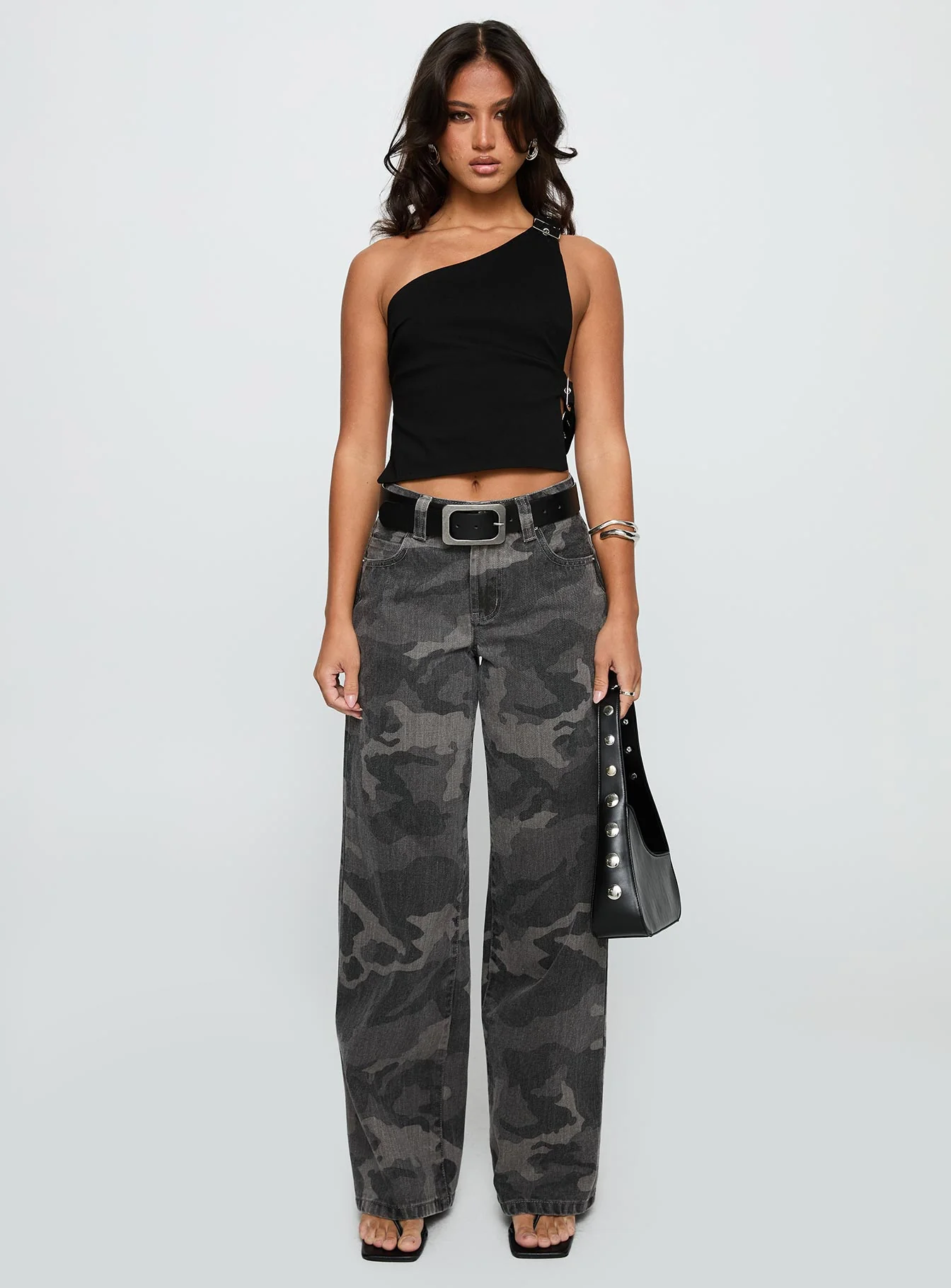 Big Talk Mid Rise Straight Leg Jeans Grey Washed Camo