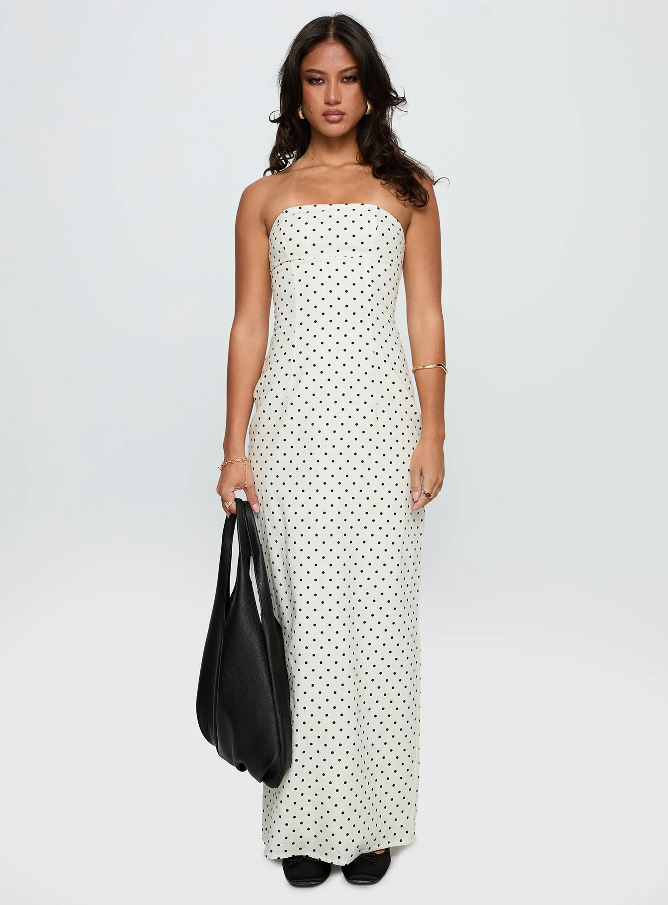 Dovie Linen Blend Strapless Midi Dress Cream Polka