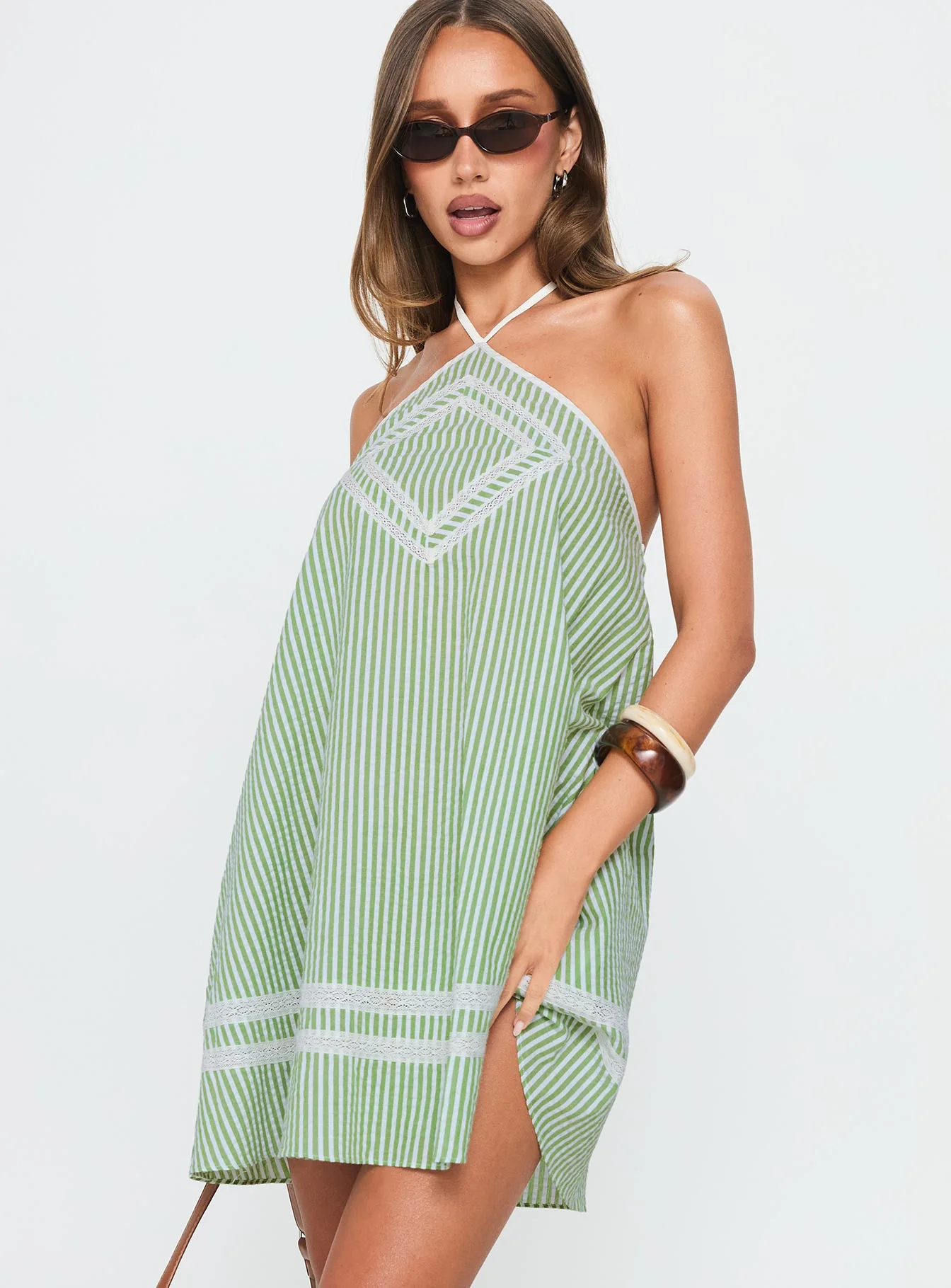 River Rose Anglais Swing Mini Dress Green Stripe