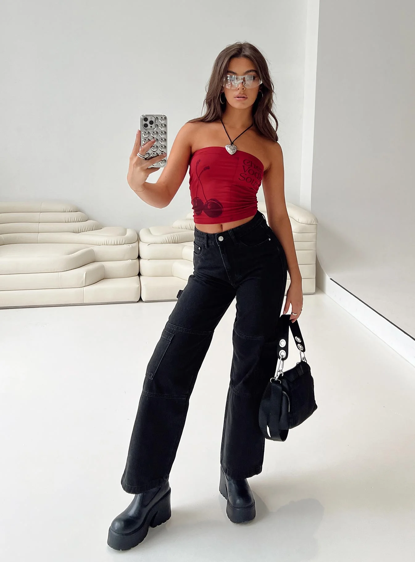 Thomson High Rise Wide Leg Cargo Jeans Black