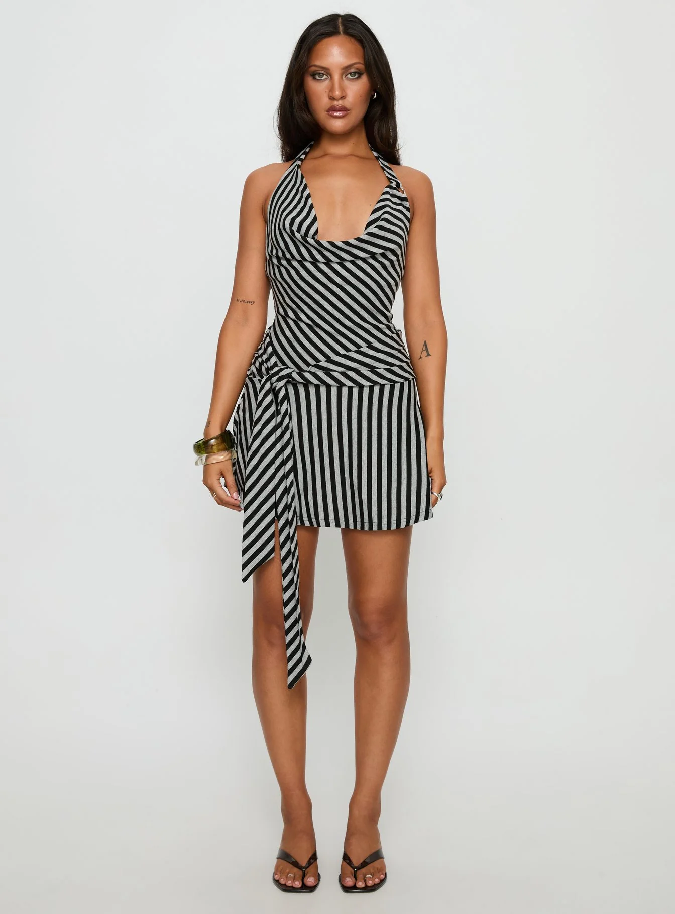 Terika Plunge Neck Halter Mini Dress Grey / Black