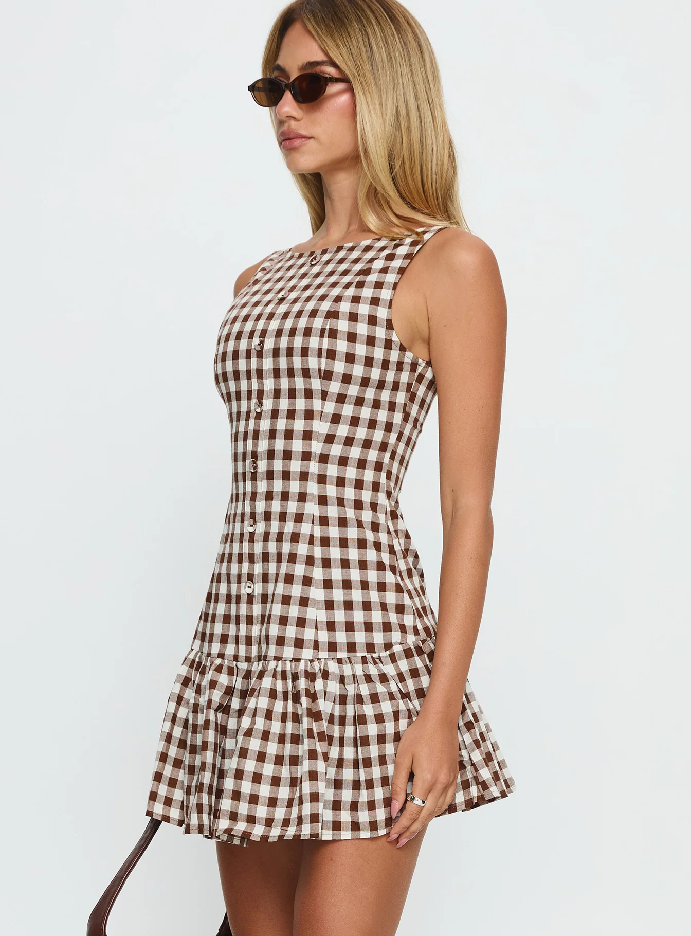 Kolbie Boat Neck Frill Mini Dress Brown Gingham