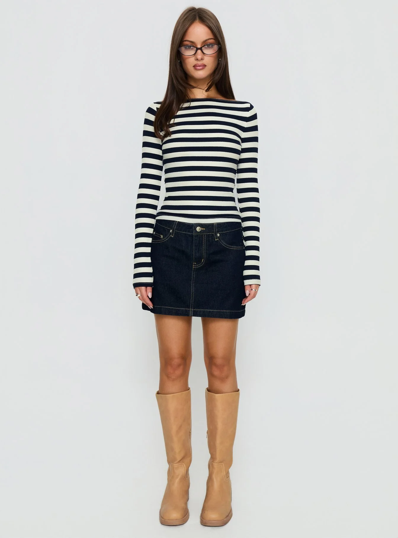Tashana Long Sleeve Off Shoulder Top Navy Stripe