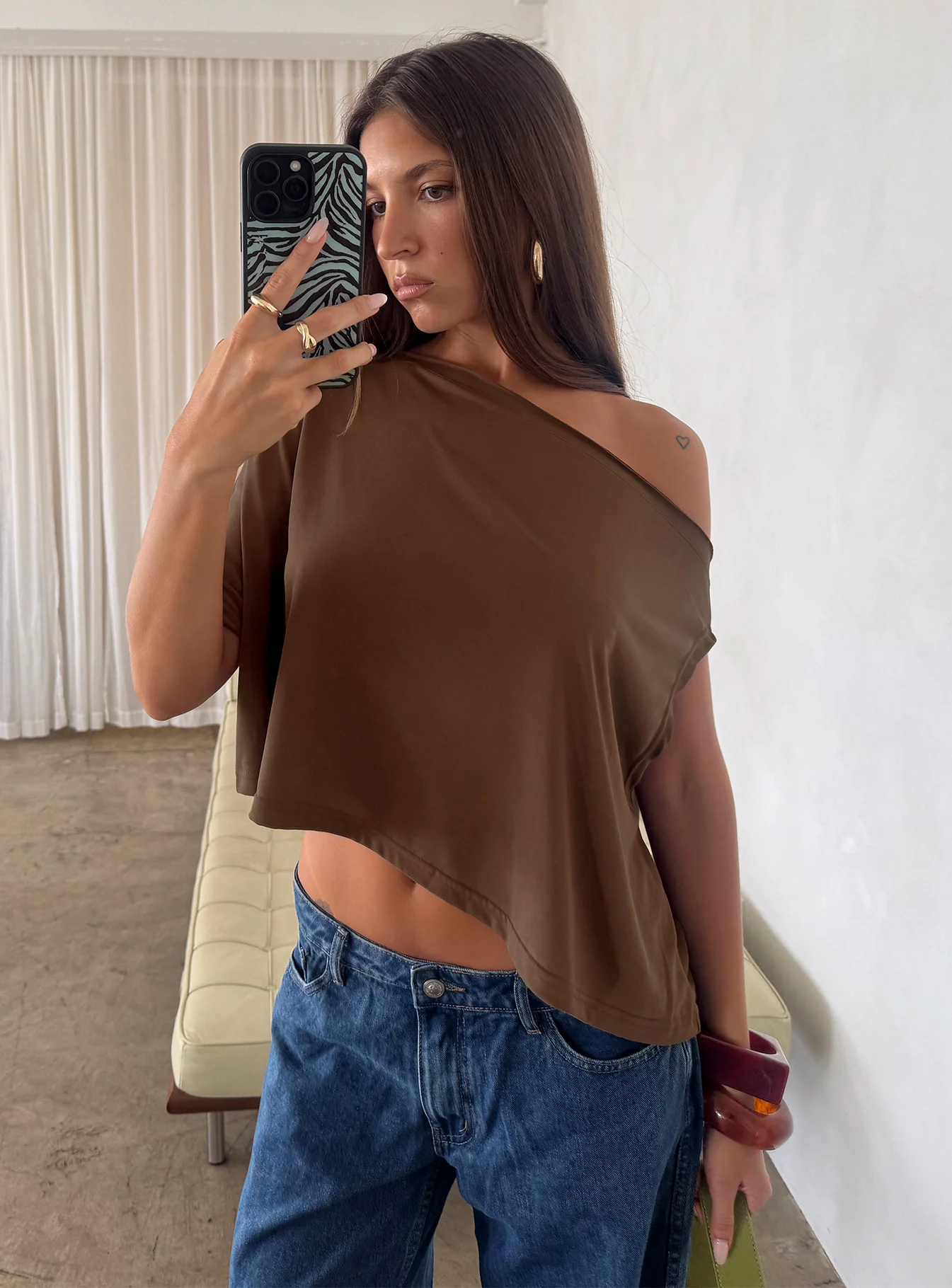 Passerby Asymmetrical Off Shoulder Top Brown