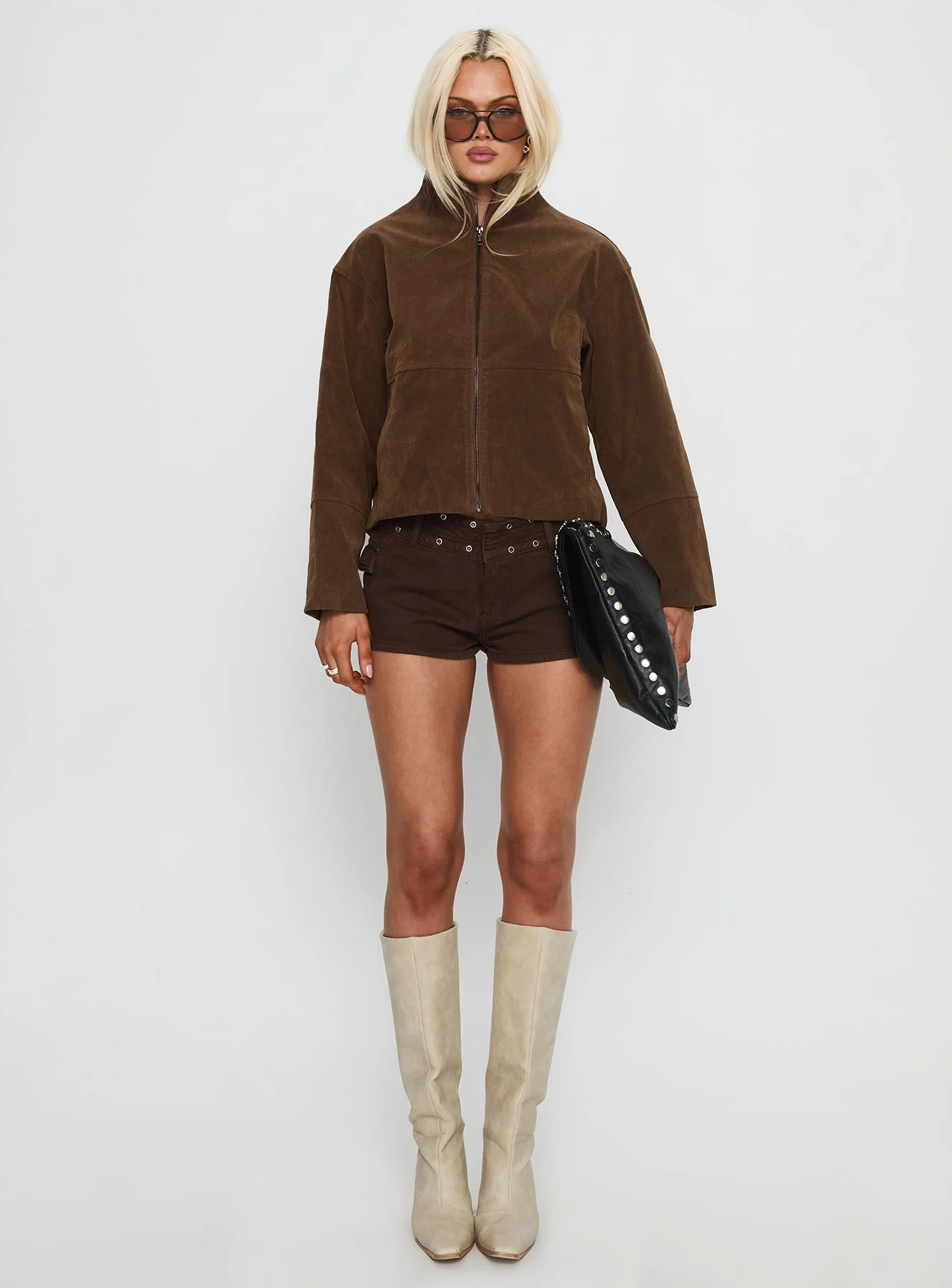 Jessalynn Faux Suede Zip Through Jacket Brown