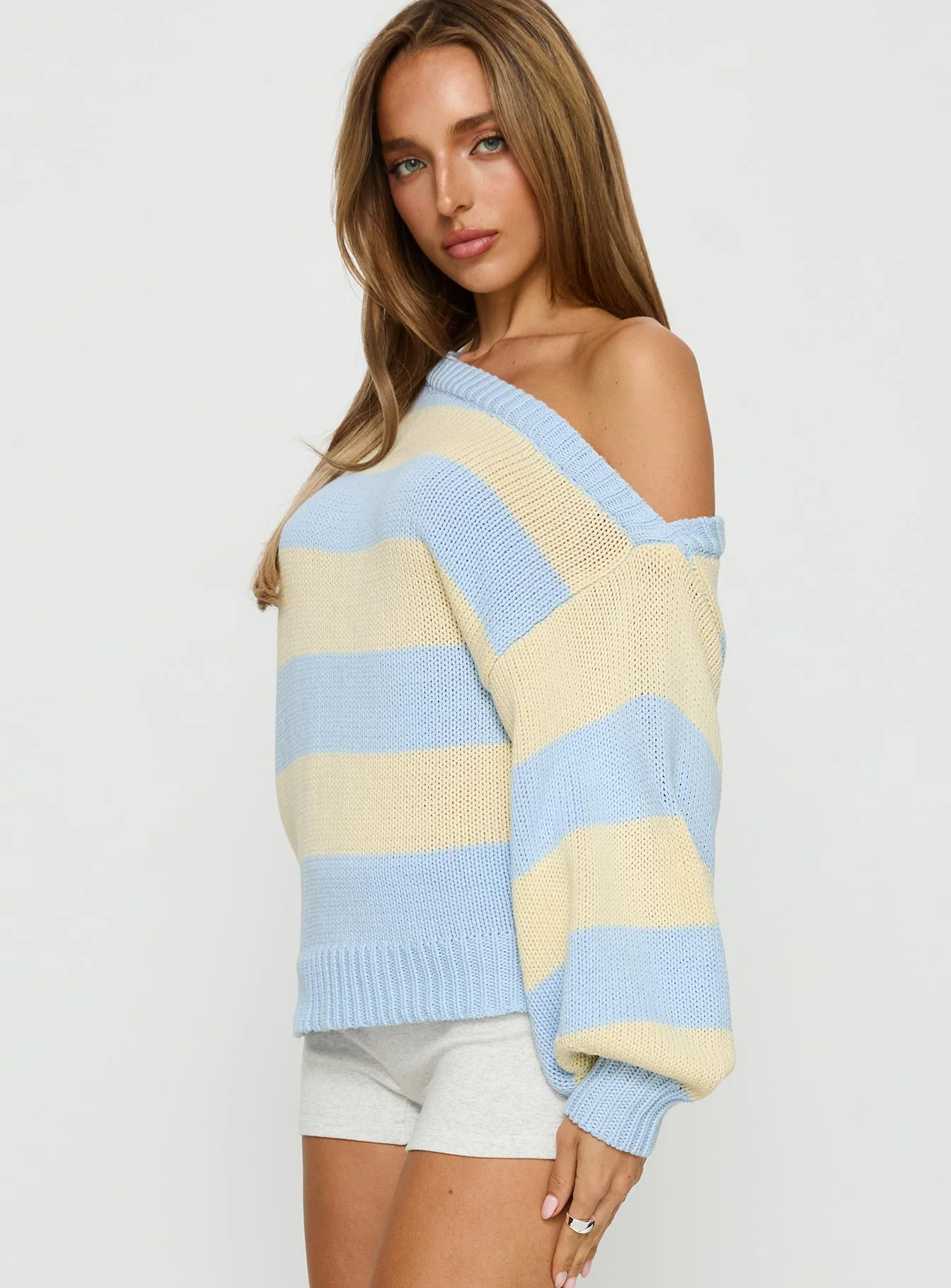 Alvena Off Shoulder Knit Sweater Blue stripe