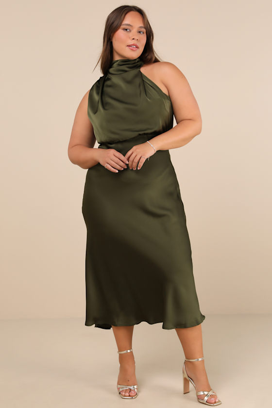 Distinctive Charm Olive Green Satin Asymmetrical Midi Dress