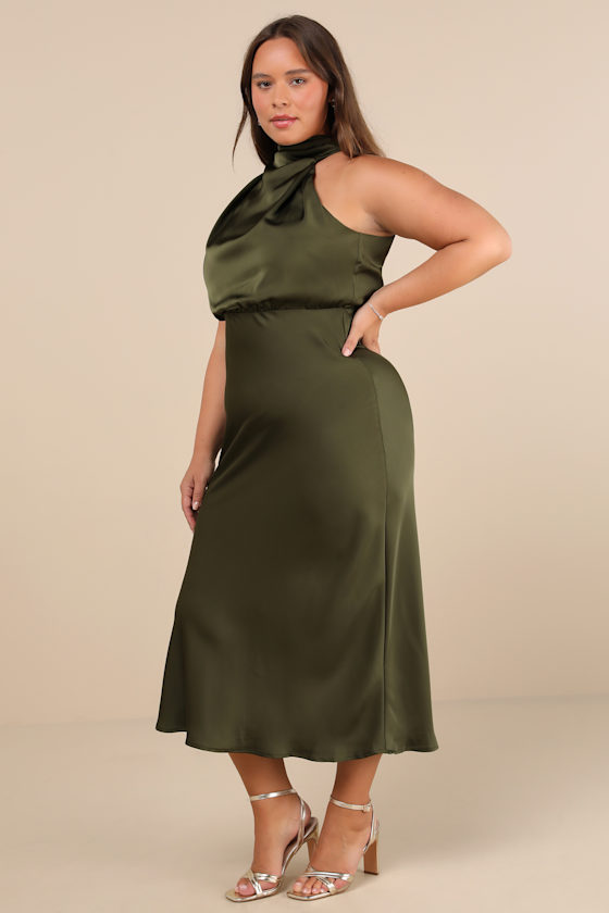 Distinctive Charm Olive Green Satin Asymmetrical Midi Dress