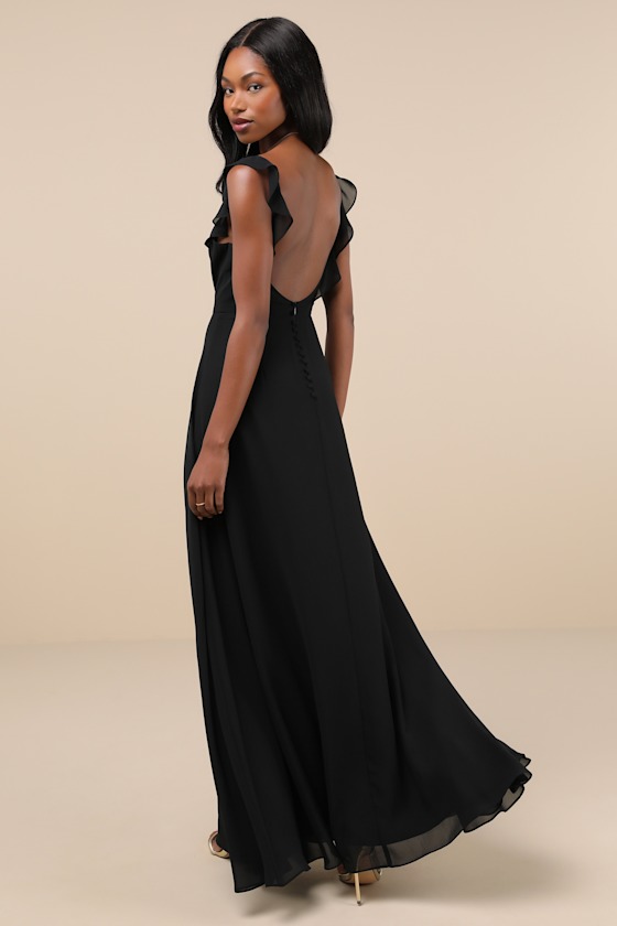 Dreamy Admiration Black Ruffled Maxi Dress