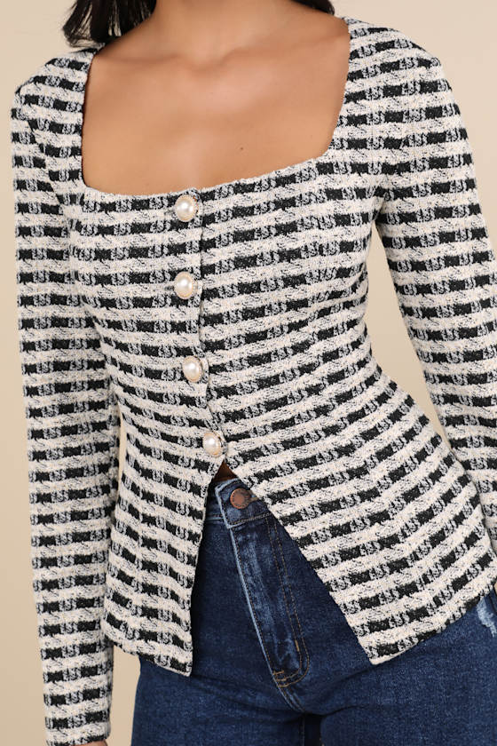 Curated Look Black and Ivory Plaid Long Sleeve Top