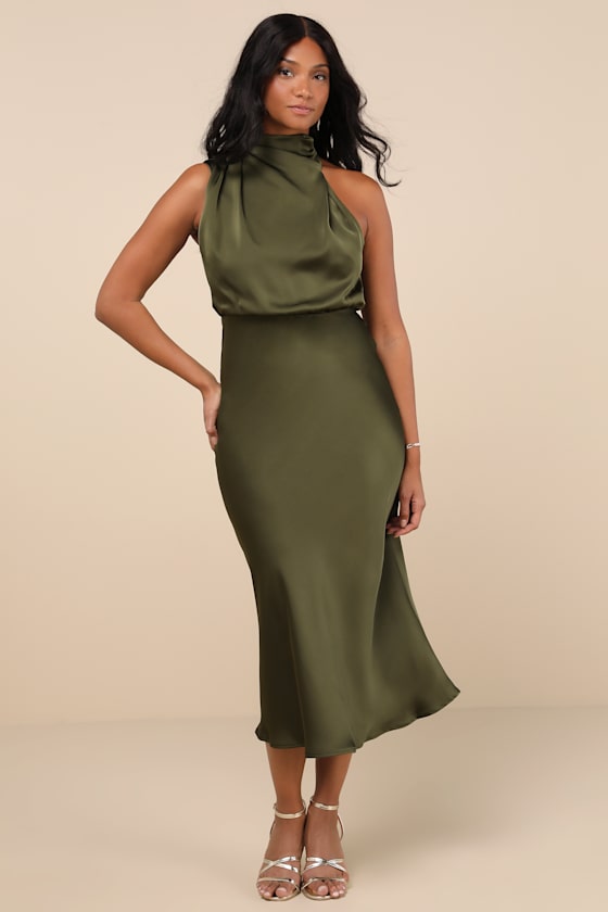 Distinctive Charm Olive Green Satin Asymmetrical Midi Dress