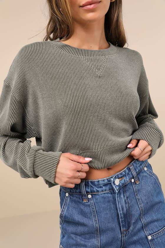 Relaxed Attitude Olive Textured Ribbed Long Sleeve Crop Top