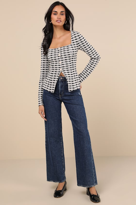 Curated Look Black and Ivory Plaid Long Sleeve Top