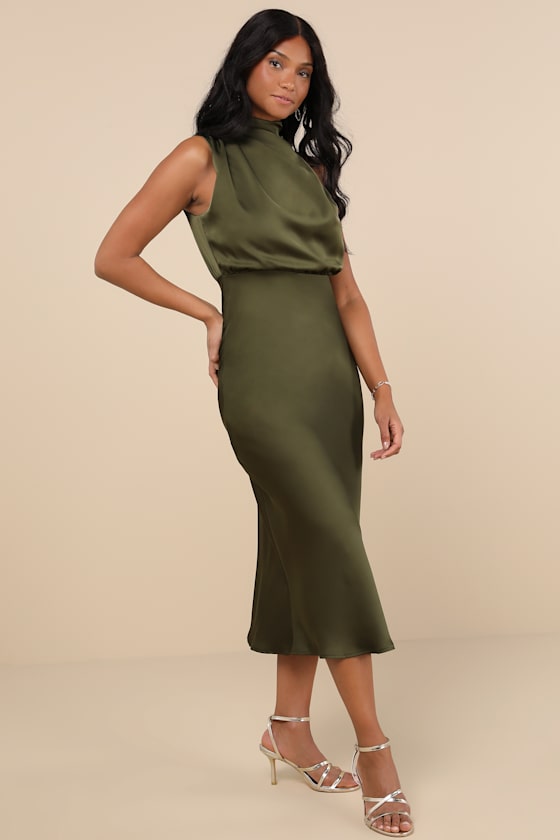 Distinctive Charm Olive Green Satin Asymmetrical Midi Dress