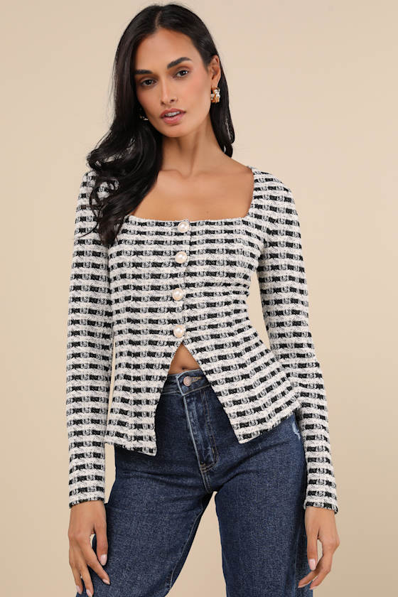 Curated Look Black and Ivory Plaid Long Sleeve Top
