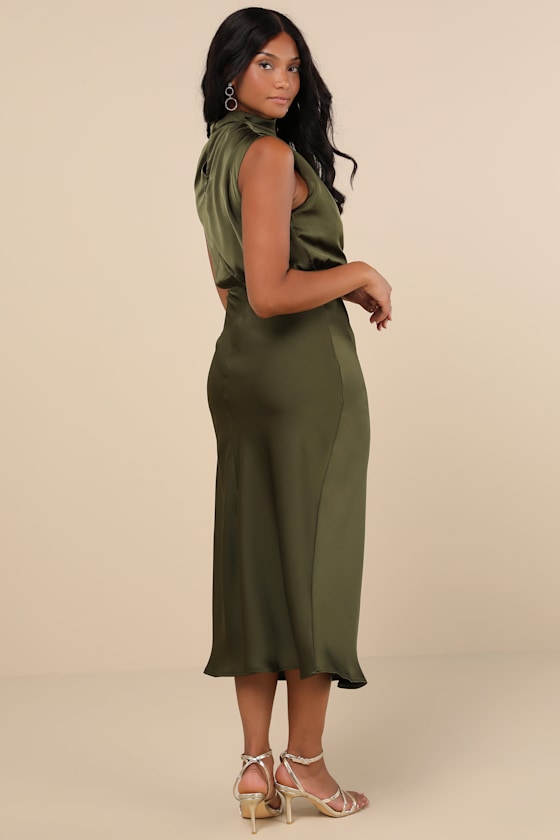Distinctive Charm Olive Green Satin Asymmetrical Midi Dress