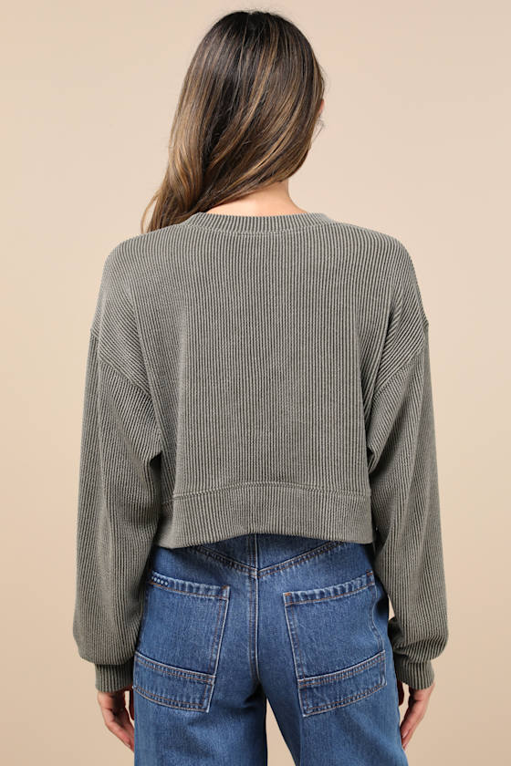 Relaxed Attitude Olive Textured Ribbed Long Sleeve Crop Top