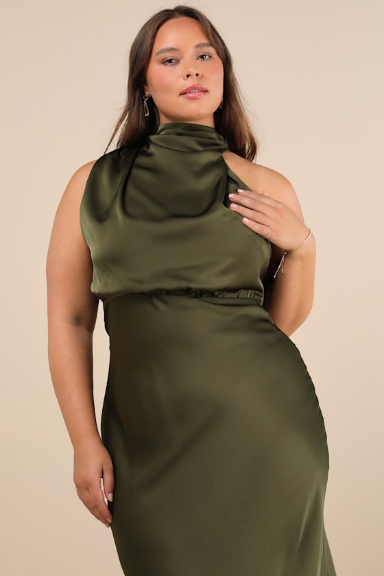 Distinctive Charm Olive Green Satin Asymmetrical Midi Dress