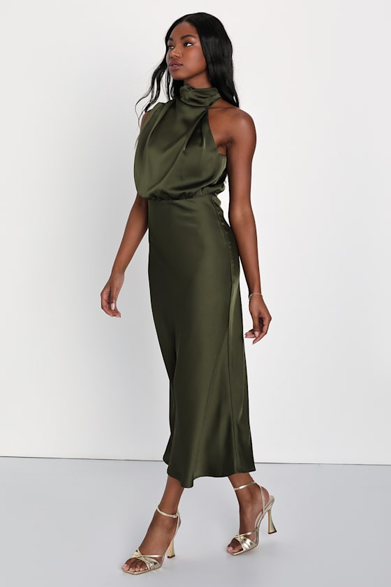 Distinctive Charm Olive Green Satin Asymmetrical Midi Dress