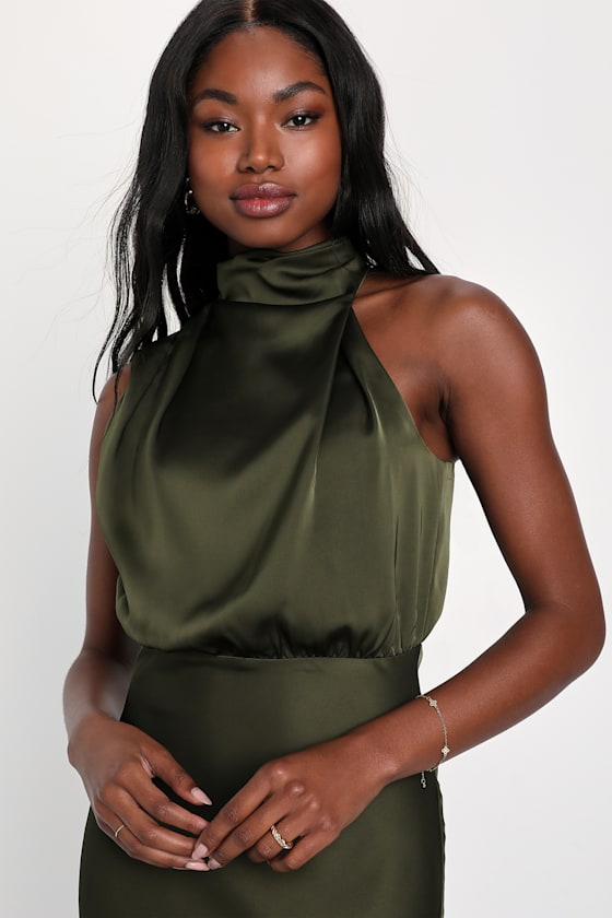 Distinctive Charm Olive Green Satin Asymmetrical Midi Dress