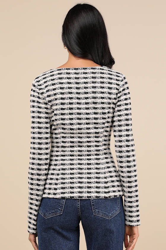 Curated Look Black and Ivory Plaid Long Sleeve Top