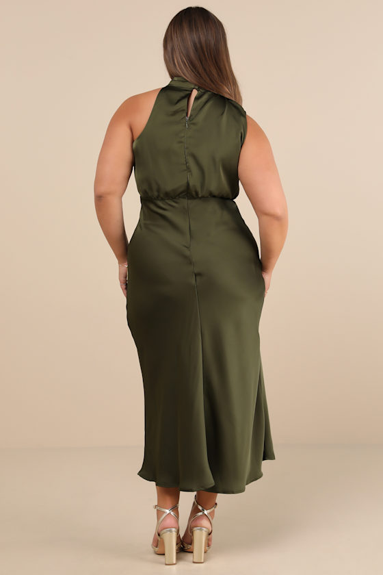 Distinctive Charm Olive Green Satin Asymmetrical Midi Dress
