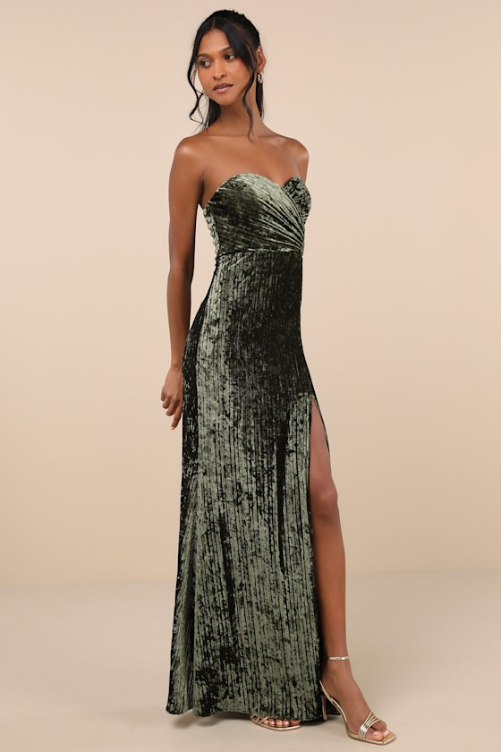 Classy Sensation Olive Velvet Pleated Strapless Maxi Dress