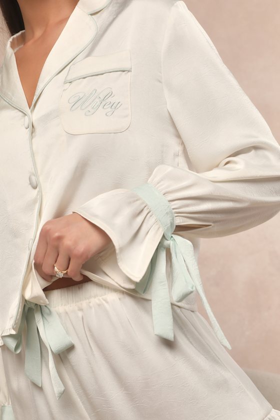 Kelda Ivory Satin Embroidered Two-Piece Pajama Set