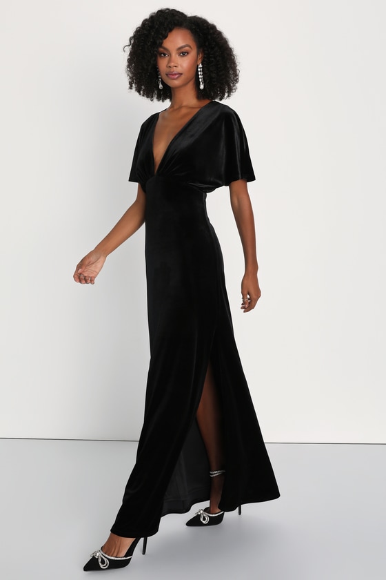 Mystical Charm Black Velvet Flutter Sleeve Maxi Dress