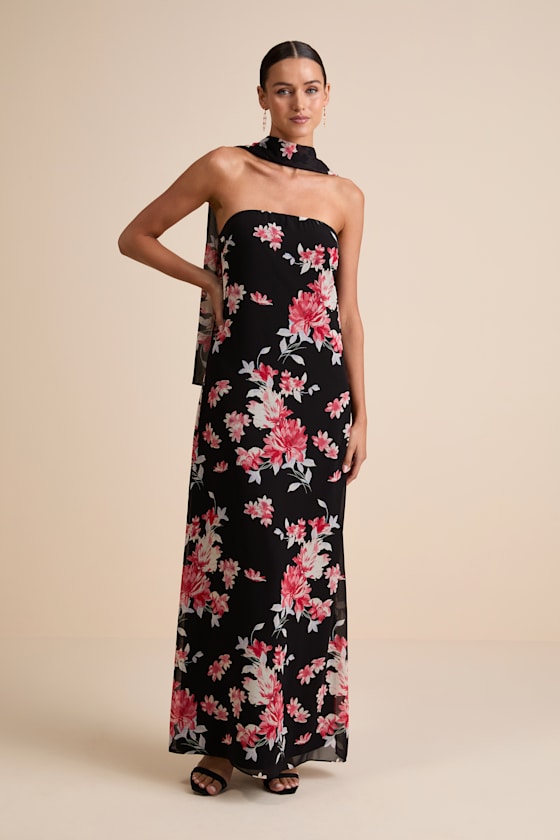 Rawya Black Floral Strapless Maxi Dress and Scarf Set