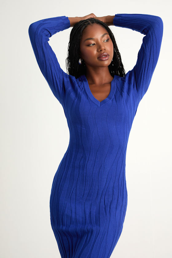 High Appeal Royal Blue Textured V-Neck Midi Sweater Dress