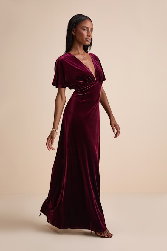 Mystical Charm Burgundy Velvet Flutter Sleeve Maxi Dress