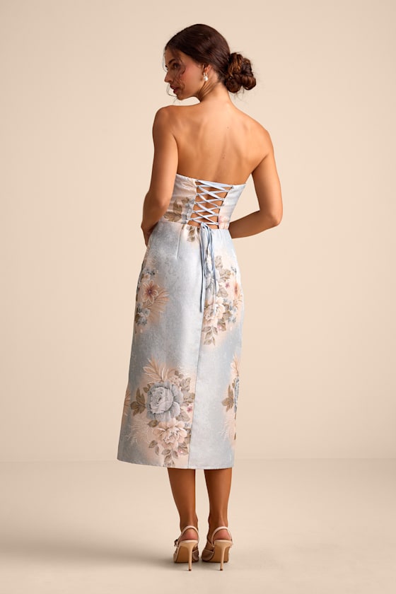 Hargrove Light Blue Floral Jacquard Strapless Midi Dress