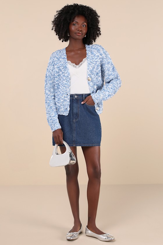 Curated Coziness Blue and White Boucle V-Neck Cardigan