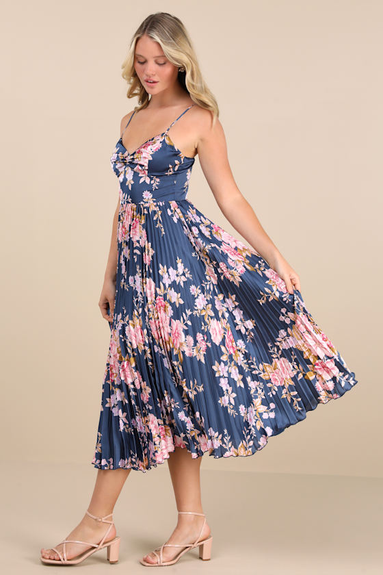 Francette Navy Floral Satin Pleated Midi Dress