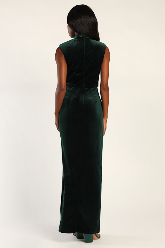 Alluring Image Emerald Ruched Velvet Mock Neck Maxi Dress