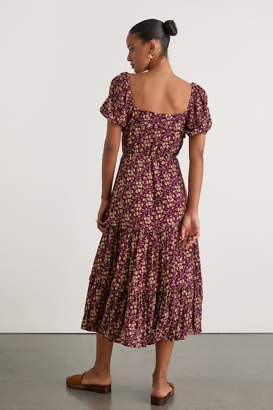 Adorable Ideal Burgundy Floral Print Tiered Ruffled Midi Dress