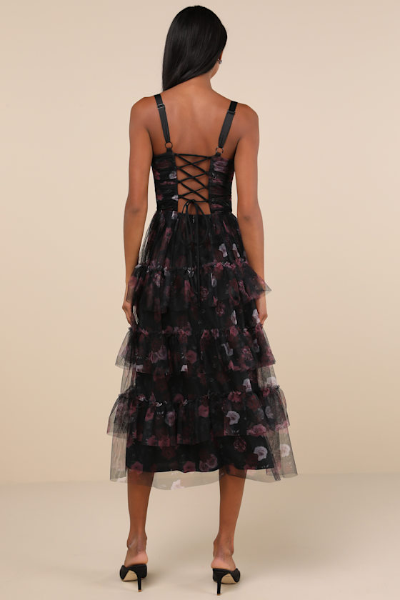 Sentimental Charisma Black Floral Mesh Tiered Midi Dress