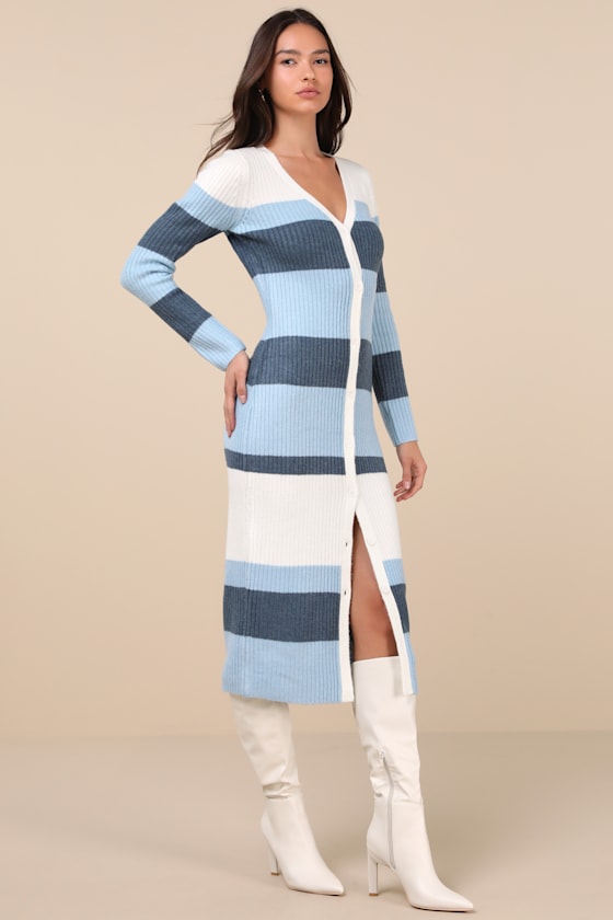 Comfy Darling Blue Striped Button-Up Midi Sweater Dress