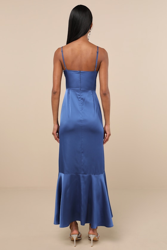 Enchanted Moments Blue Satin Ruffled High-Low Dress