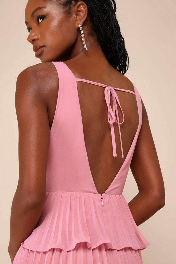 Mesmerizing Essence Pink Pleated Backless Tiered Maxi Dress