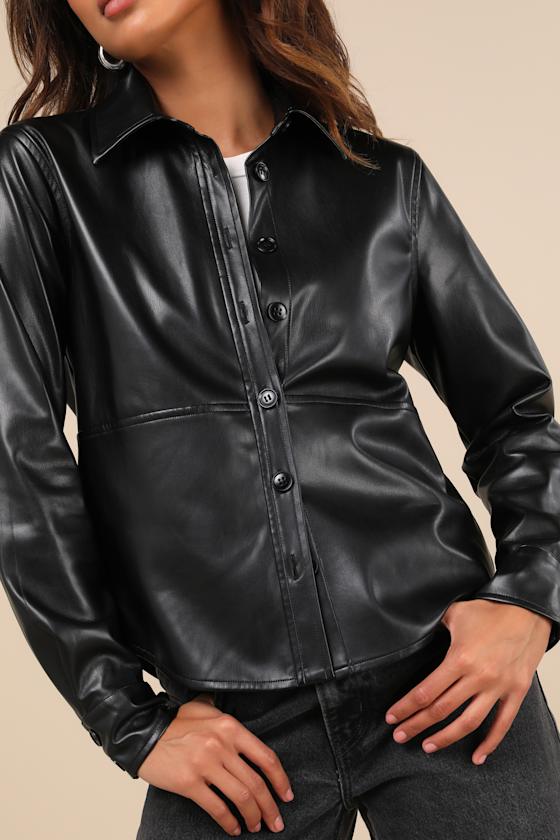 Polished Attitude Black Vegan Leather Button-Up Top