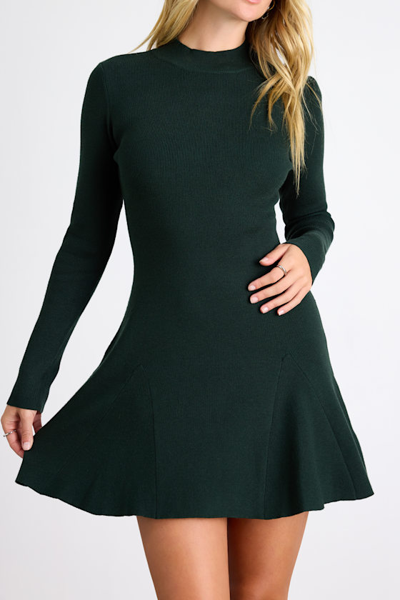 Adorable Intentions Emerald Mock Neck A-Line Mini Sweater Dress