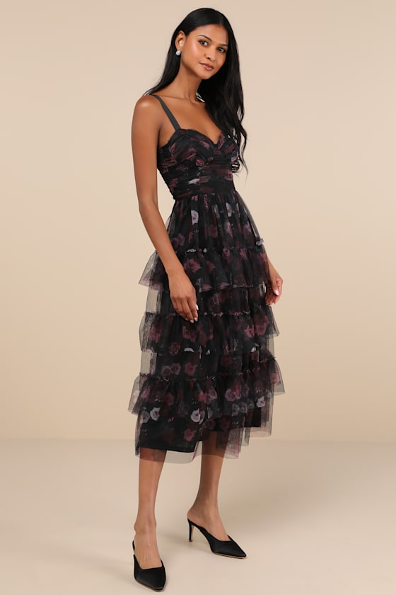 Sentimental Charisma Black Floral Mesh Tiered Midi Dress