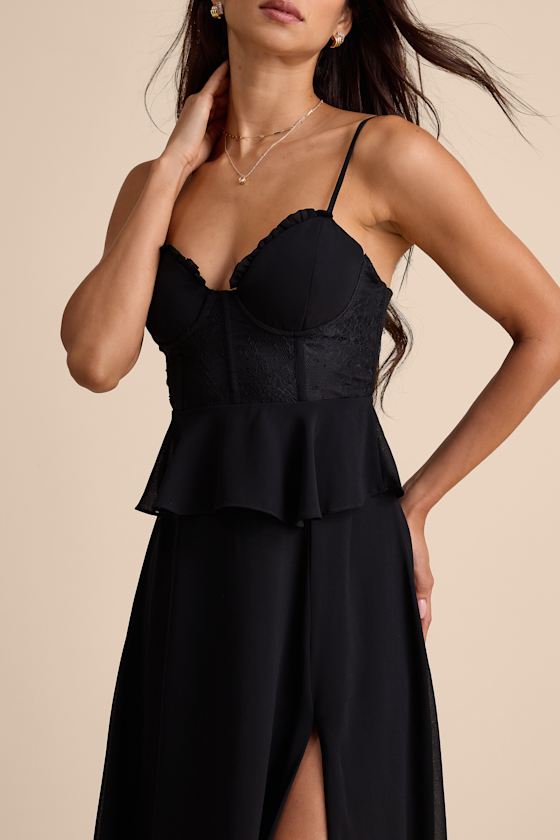 Elegant Silhouette Black Lace Bustier Peplum Maxi Dress