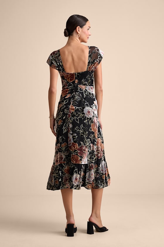Composed Beauty Black Burnout Velvet Floral Midi Dress