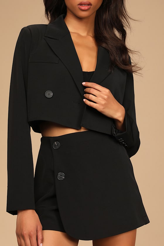 Suit 'Em Up Black Double-Breasted Cropped Blazer