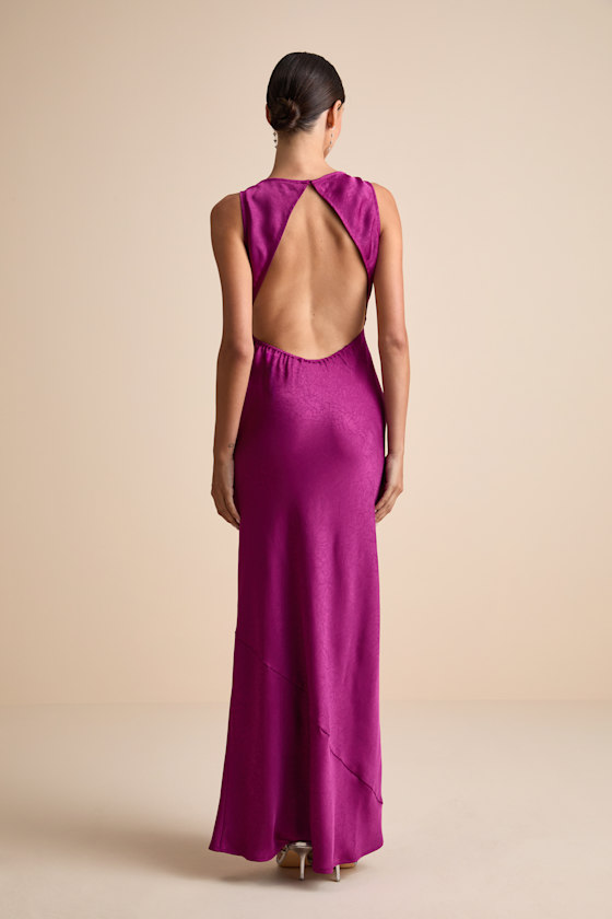 Alisha Magenta Crinkle Satin Backless Maxi Dress