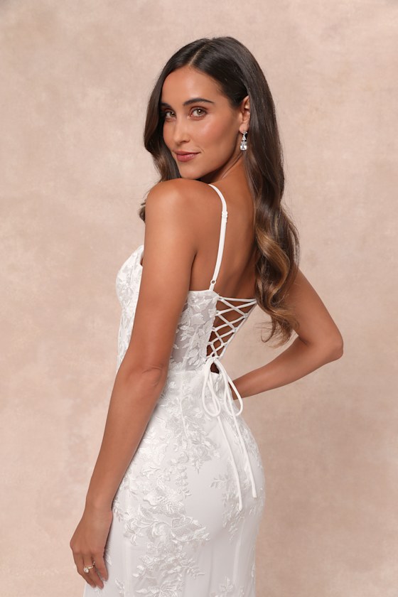Ethereal Elegance White Embroidered Lace-Up Maxi Dress